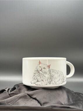 Vintage White Cat Illustration Ceramic Pet Mug